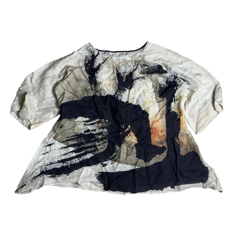Tunic Women's S/M Beige Scoop Neck Dolman Sleeve Abstract Woven Lightweight Top
